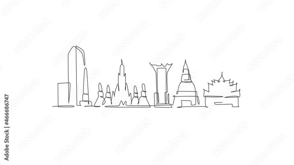 Animation of one line drawing of Bangkok city skyline, Thailand. Historical town landscape. Best holiday destination home decor wall art poster. Continuous line self draw animated. Full length motion. Animation of one line drawing of Bangkok city skyline, Thailand. Historical town landscape. Best holiday destination home decor wall art poster. Continuous line self draw animated. Full length motion.