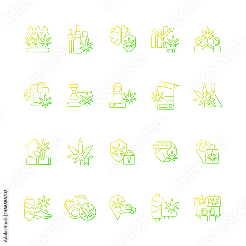 Cannabis in everyday life gradient linear vector icons set. Marijuana cultivation. Legalizing hemp worldwide. Thin line contour symbols bundle. Isolated outline illustrations collection