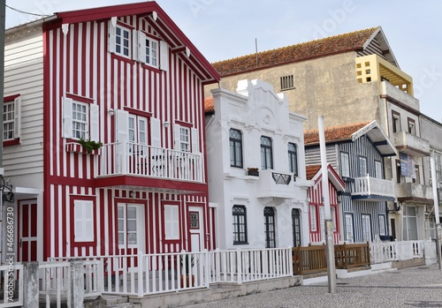 
Colorful striped houses in a fishing village called Costa Nova in Portugal