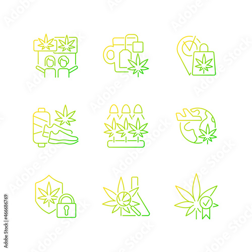 Cannabis usage gradient linear vector icons set. Marijuana culture. Recreational use. Hemp selling and shipping. Thin line contour symbols bundle. Isolated outline illustrations collection