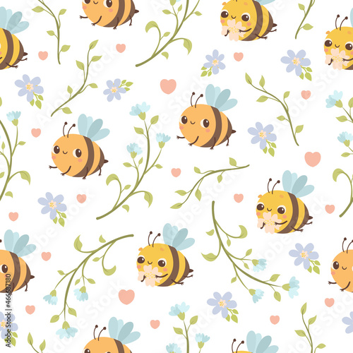 Pattern cute bee with flowers, gentle pastel seamless pattern. cute doodles