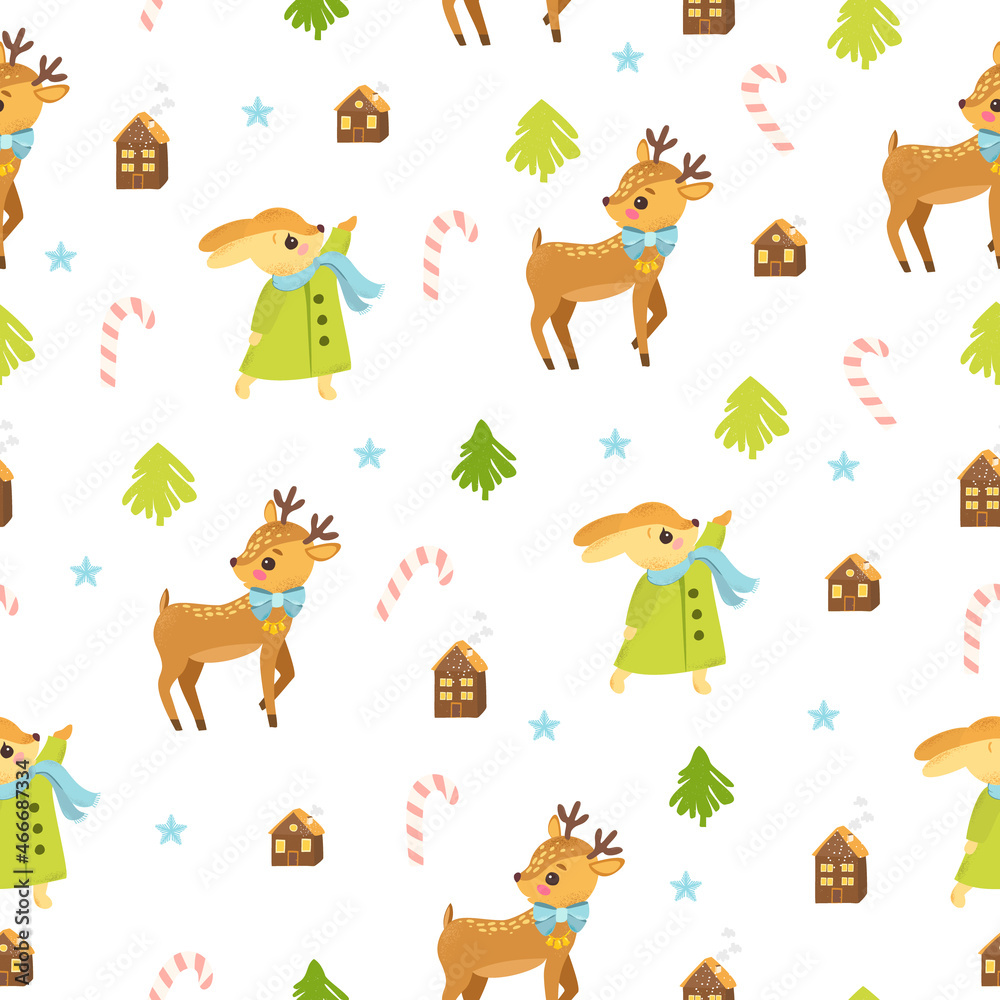 Fototapeta premium Christmas background. Cute animals. Deer vector. Bunny rabbit