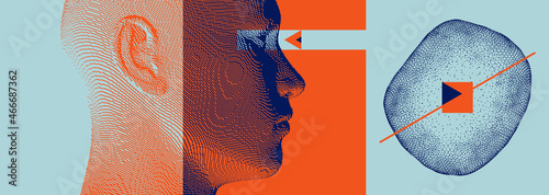 Man scientist thinking. Discovery, studying and learning concept. Reflect on the future. Time to think. Digital technology background. 3D vector illustration for presentations, flyers or posters.