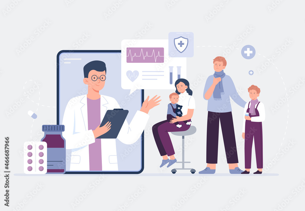 Modern family on online consultation with a doctor. Video call with doctor. Online medical services, consultation and telemedicine concept. Vector flat illustration. Modern family on online consultation with a doctor. Video call with doctor. Online medical services, consultation and telemedicine concept. Vector flat illustration.
