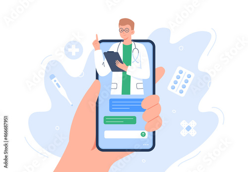 Smartphone screen with a therapist on chat. Video call with doctor. Online medical services, consultation and telemedicine concept. Vector flat illustration.