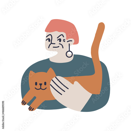 An elderly woman with a ginger cat. An old lady holds a cat in her arms. Vector fully editable isolated illustration.