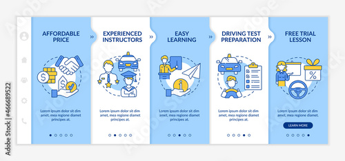 Driving school benefits onboarding vector template. Responsive mobile website with icons. Web page walkthrough 5 step screens. Driver education advantages color concept with linear illustrations