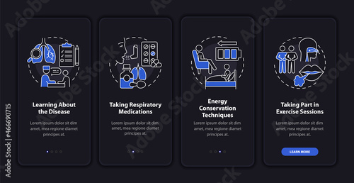 Pulmonary rehab program dark onboarding mobile app page screen. Treatment walkthrough 4 steps graphic instructions with concepts. UI  UX  GUI vector template with linear night mode illustrations
