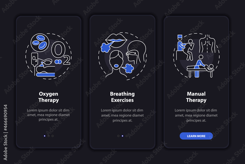Respiratory rehabilitation dark onboarding mobile app page screen ...