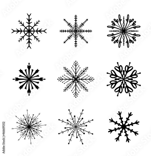 Set snowflakes in doodle style. Collection hand drawn snowflakes isolated on white background. Vector illustration