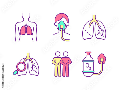 Lungs health care RGB color icons set. Pulmonary rehabilitation. Respiratory treatment. Oxygen tank. Breathing therapy. Isolated vector illustrations. Simple filled line drawings collection