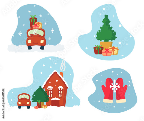Beautiful snowflakes. A set of story cards for Christmas and New Year. A car with a house, Christmas tree, New Year gifts. Festive and joyful atmosphere, emotions. Vector illustration in a flat style.