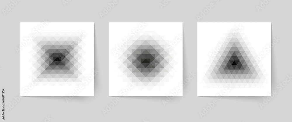 Vector geometric halftone backgrounds. Abstract low poly logo design. Set of monokchrome kaleidoscope patterns. - obrazy, fototapety, plakaty 