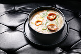 Mushroom soup.
A tasty dish.Culinary photography. Suggestion to serve the dish.