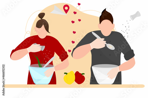 Illustration of the concept of cooking and tasting, hobbies, competitions. A man and a woman chef cook food together in the kitchen, restaurant, cafe, Vector illustration in flat style