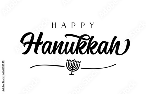 Happy Hanukka elegant calligraphy and menorah. Hanukka black colored candelabrum icon with eight branches and line isolated on white background. Vector illustration
