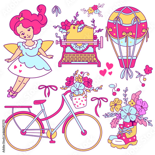 Vintage spring set, isolated illustrations of: retro bicycle, flowers, typewriter, air hot balloon, magic elf enchantress on wight background. Character stickers or badges in romantic cartoon style. 