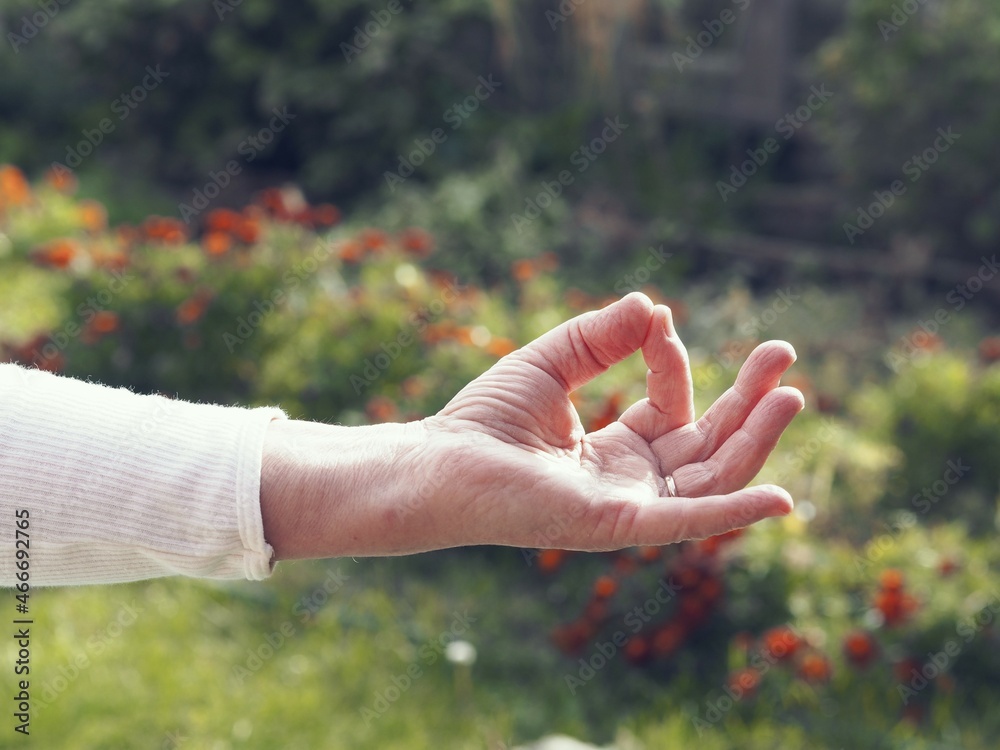 The hand of a shaking woman performing yoga exercises. Calm and life.