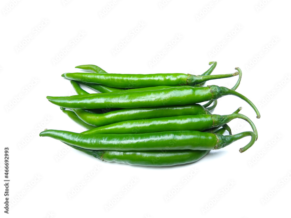 fresh green chillies isolated on white background, spicy vegetable, selective focus fresh green chillies isolated on white background, spicy vegetable, selective focus