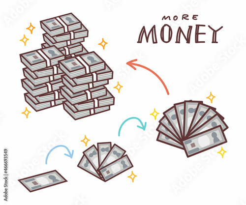 段階的にお金が増えていくイラスト（説明図・札束・お金持ち）