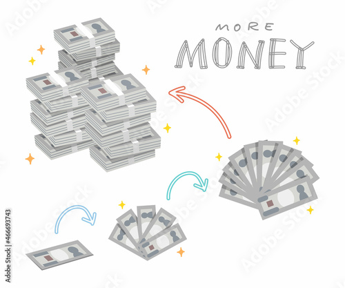 段階的にお金が増えていくイラスト・線なし（説明図・札束・お金持ち）