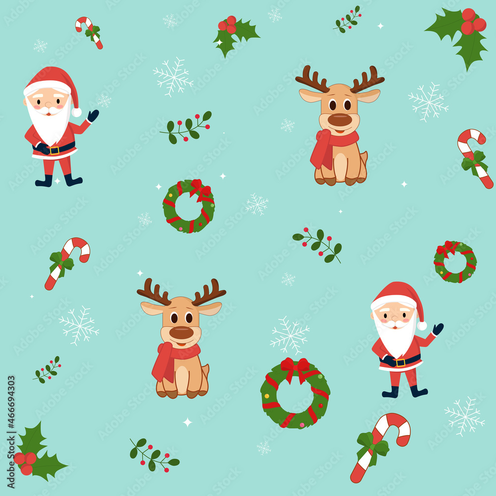 Christmas pattern with Santa Claus and Christmas deer, Christmas wreath and snowflakes. Background for gift wrapping