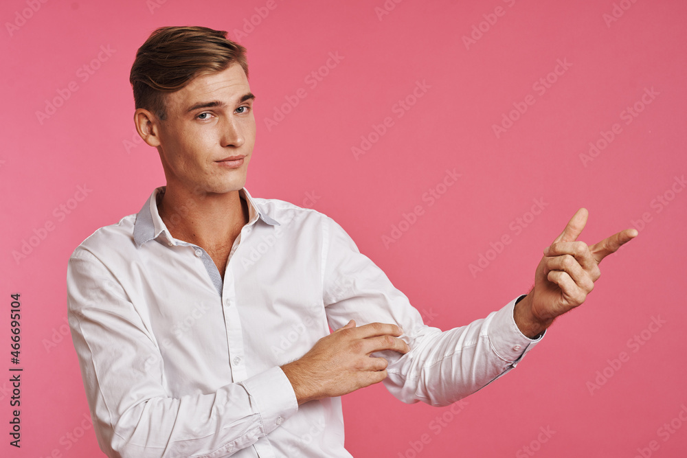 portrait of a man fashion hairstyle hand gestures modern style isolated background portrait of a man fashion hairstyle hand gestures modern style isolated background