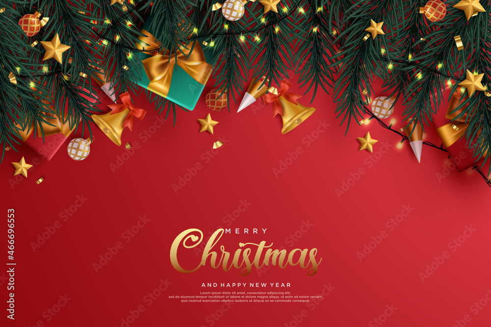 Realistic christmas and new year greeting cards with gifts and branches.