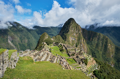 View of Machu Picchu ruins in Peru. Archaeological site, UNESCO World Heritage.