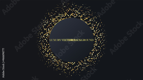 Black  elipse and gold halftone glitter dots background. Golden confetti glitter on black gradient background. Luxury vector illustration for your design.