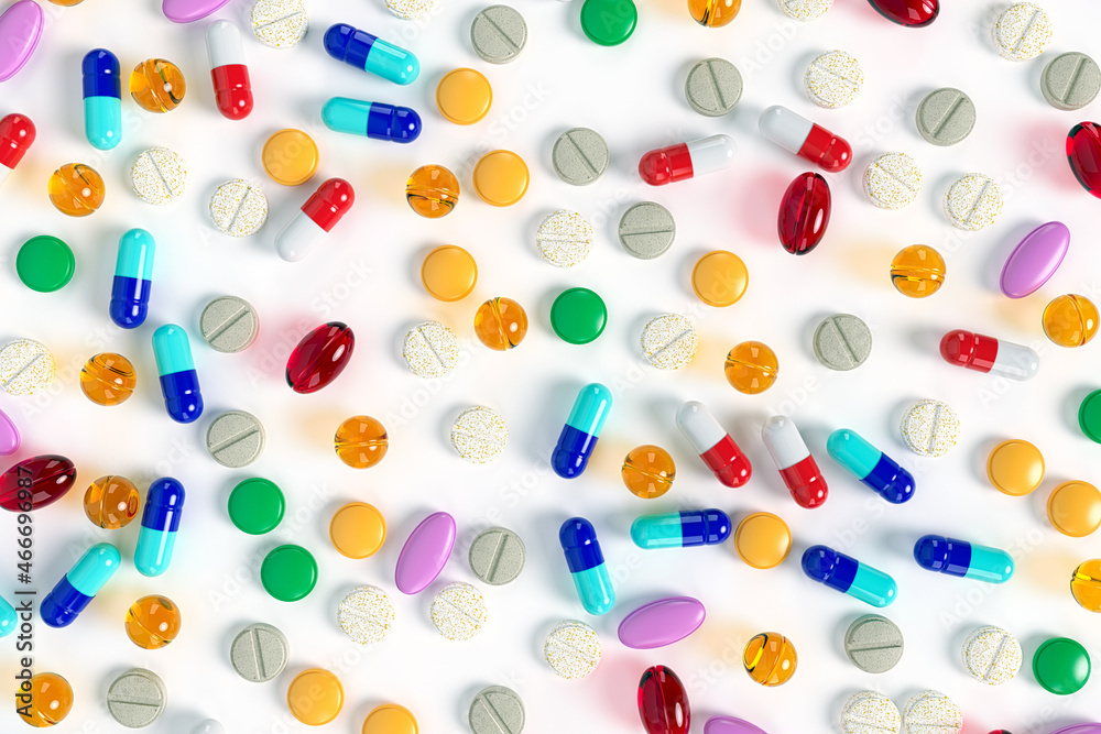 Background of colourful tablets and pills on a white surface. Variety of vitamins. Production of drugs. Medical theme. 3d rendering. 