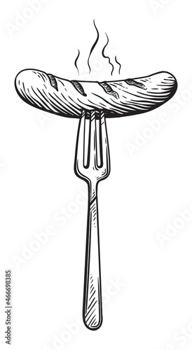 Grilled Sausage on a fork, doodle style, sketch, hand drawn