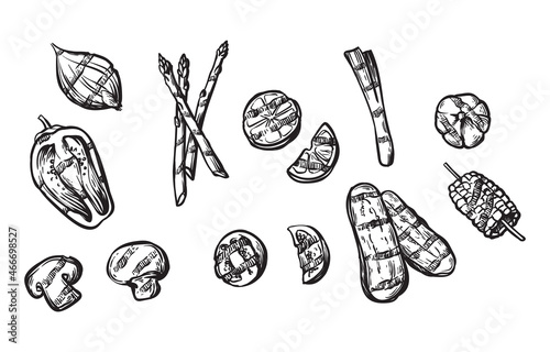 Barbecue vegetables grill set sketch on white background