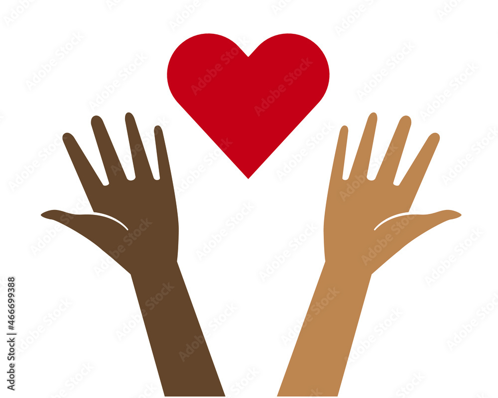 Hands with heart symbol. Multinationality, diversity, unity and power concept. Volunteering, philanthropy, donations and solidarity. Hands with heart symbol. Multinationality, diversity, unity and power concept. Volunteering, philanthropy, donations and solidarity.