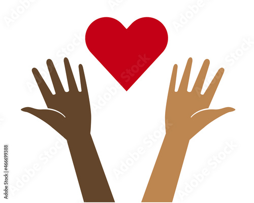 Hands with heart symbol. Multinationality, diversity, unity and power concept. Volunteering, philanthropy, donations and solidarity.