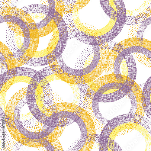 Circle ring shapes of dots contemporary vector seamless pattern.