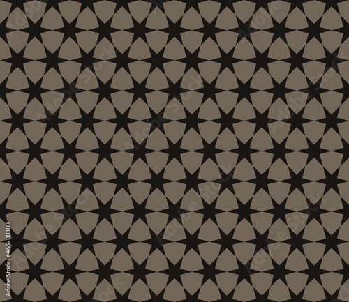 Black six-pointed star pattern brown background seamless. Abstract geometric shapes arrange them in a grid line. Texture design for textile, tile, cover, poster, banner, wall. Vector illustration.