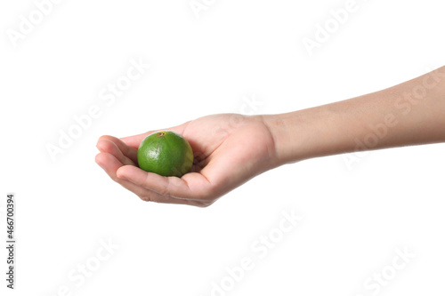 Hand squeeze green lime on white background