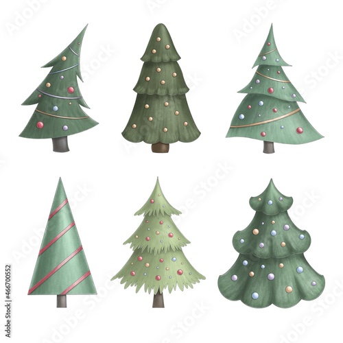 Set of illustrations with hand drawn Christmas trees. 