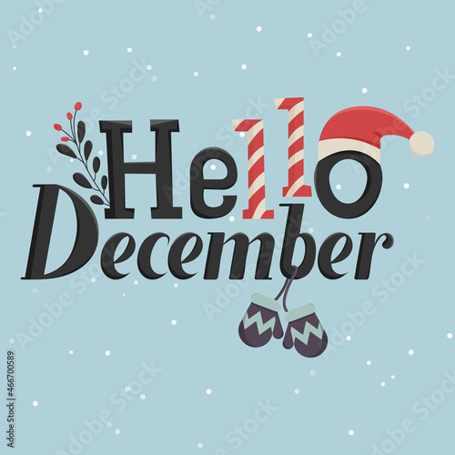 Phrase hello december on a snowy background. Vector text, Christmas hat and mittens.
