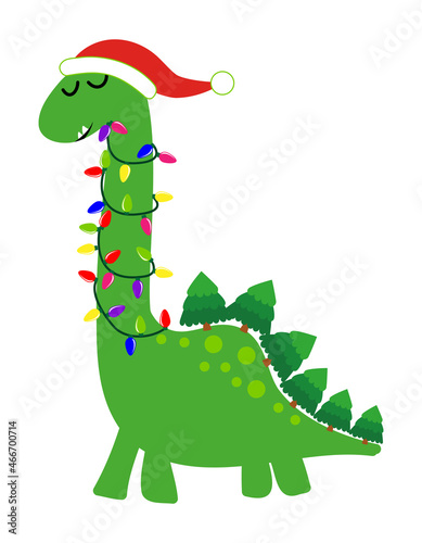 Christmas Dino - Cute brontosaurus to tangled in christmas lights, funny hand drawn doodle, cartoon dino in Santa hat. Vector hand drawn illustration. Merry Christmas