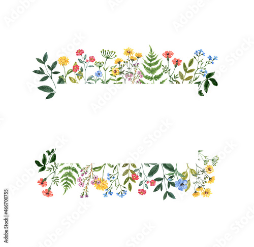 Colorful wildflower border with hand painted summer meadow flowers, leaves, isolated on white background. Rectangle botanical floral frame. Watercolor illustration. Invitation template.