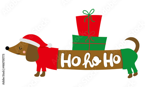 Ho Ho Ho (Santa Claus laughing) - Doodle dog for Christmas. Hand drawn lettering for Xmas greeting cards, invitation. Good for t-shirt, mug, gift, printing press. Adorable dachshund Santa.