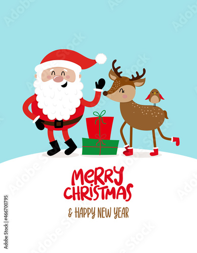 Merry Christmas and Happy New Year - Singing Santa with a Deer. Hand drawn lettering for Xmas greetings cards  invitations. Good for t-shirt  mug  scrap booking  gift  printing press. Holiday quotes.