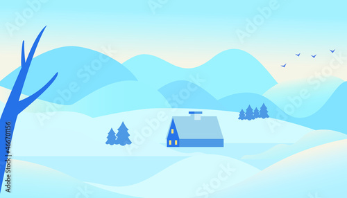 vector winter landscape. flat image of snowfall. small houses near the snowy hills