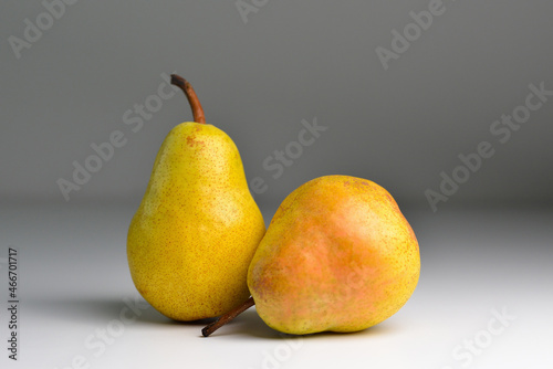 Sweet ripe yellow pears on a grey background.