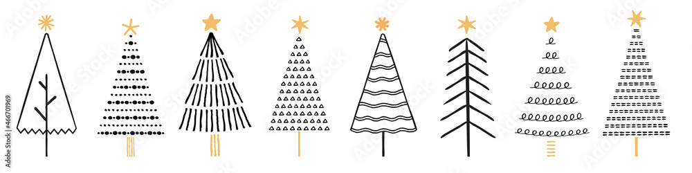 Hand drawn Christmas tree silhouettes. Black christmas trees on isolated white background with gold stars