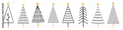 Hand drawn Christmas tree silhouettes. Black christmas trees on isolated white background with gold stars