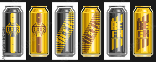 Vector Beer Cans Set, lot collection of cut out illustrations assorted refreshing beer with diverse labels on black and white background.