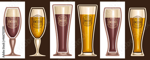 Vector Beer Glasses Set, lot collection of cut out illustrations assorted refreshing beer with diverse labels on black and white background.